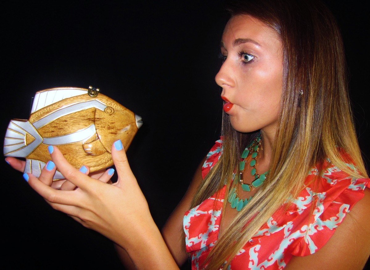 TIMMY WOODS PETER PIRANHA FISH HAND CARVED BAG CLUTCH MINAUDIERE