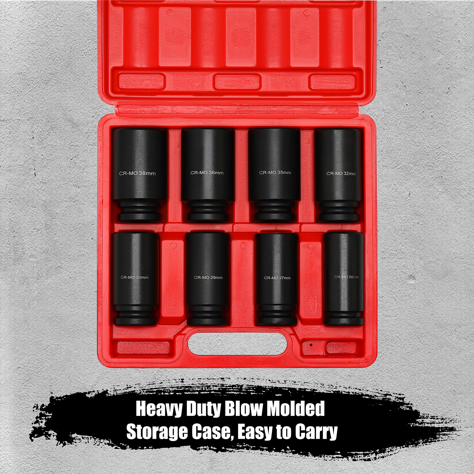 8 Pcs 3/4-Inch Drive Deep Impact Socket Set CR-MO Metric 6-Point 26mm to 38mm