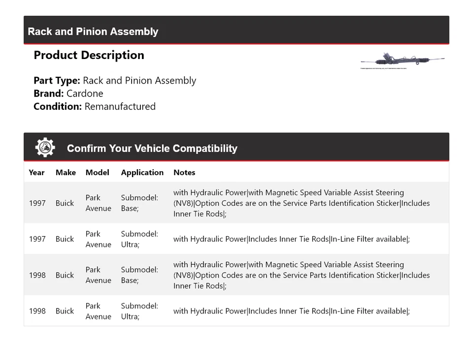 Montaje de piñón y estante para Buick Park Avenue 1997-1998 cartón Foto 2 de 4