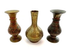 3 Vintage Brass Flower Vases with Engraved type Designs ~ 2 Hand Colored 6" Tall