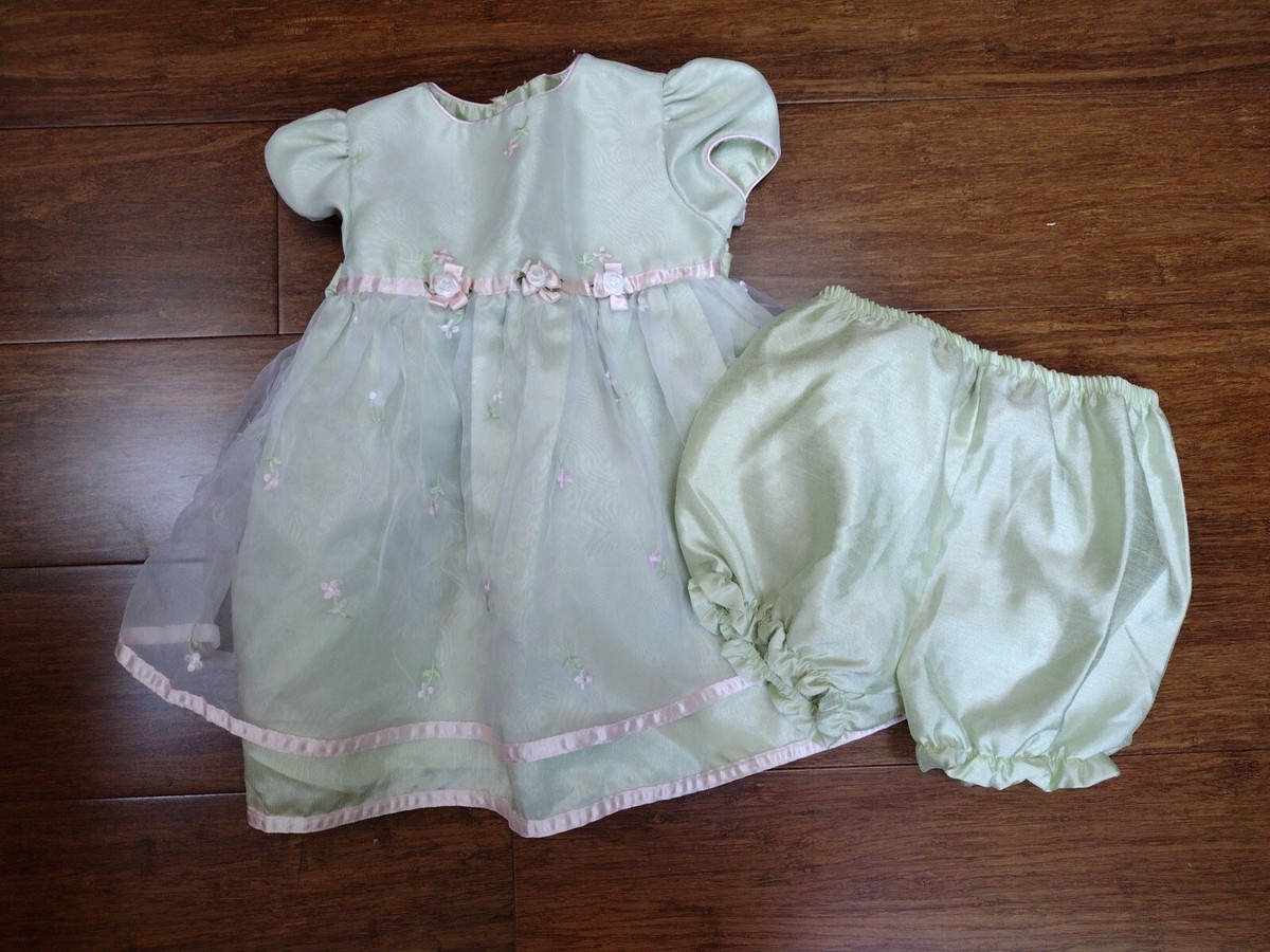 Baby Girl Dress Set 18 Months Green Pink Roses Rosettes Embroidered 2 Piece  | eBay