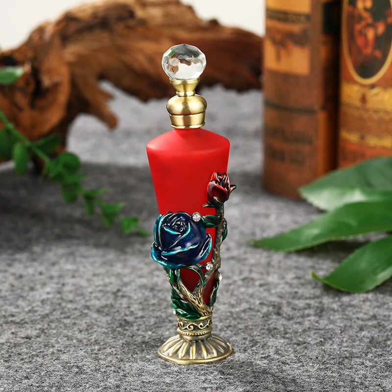 Red Rose Vintage Style perfume Bottle Metal Glass 30ml Antique
