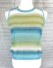 Norton McNauchton Petites Med Blue Green Crochet Sleeveless Sweater Tank Top MP