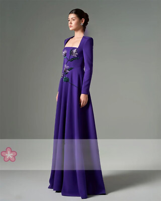 3D Flower Evening Dresses Long Sleeves A-Line Purple Wedding Dress Prom Party | eBay 3D Flower Evening Dresses Long Sleeves A-Line Purple Wedding Dress Prom Party | eBay