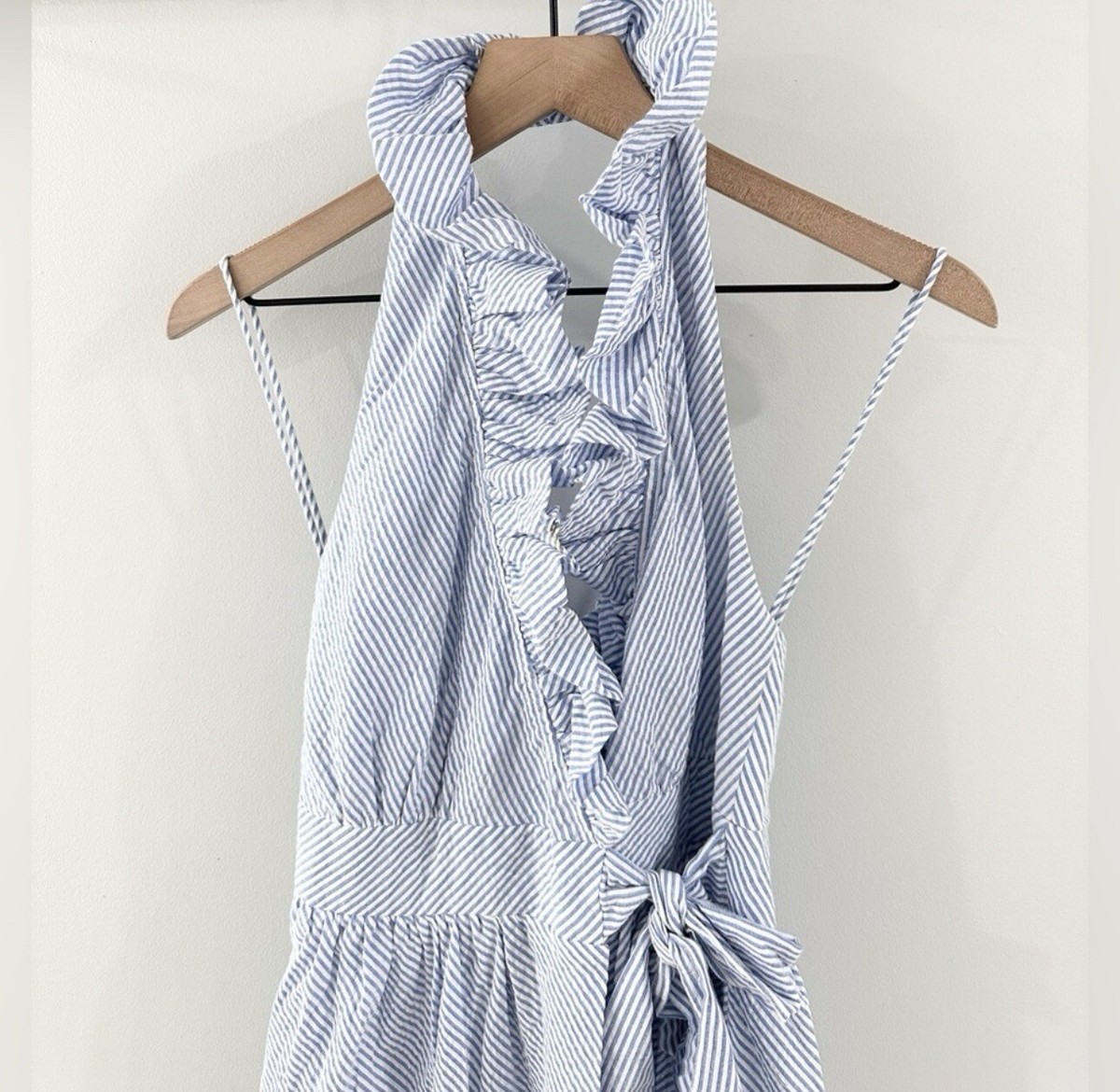 Southern Frock Ruffle Wrap Dress Blue Seersucker Size