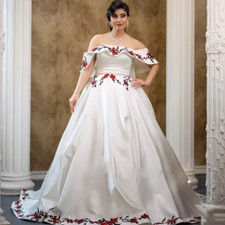 Chic Embroidery Wedding Dress A-Line Red And White Satin Long Bridal Gowns