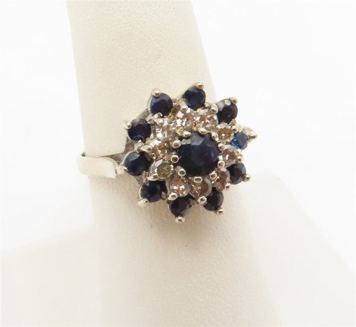 18k White Gold Sapphire & ~1/4CTW Diamond Cluster Ring Size 7 - Picture 3 of 6