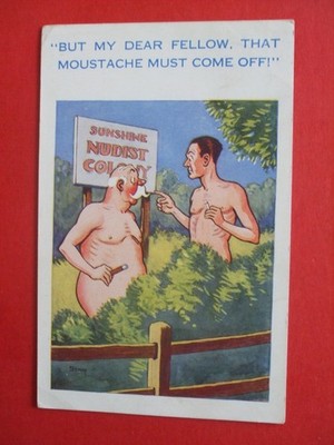 Alter Comic FKK-Lager Kolonie alter Mann Zigarre Schnurrbart muss weg Nacktheit Humor