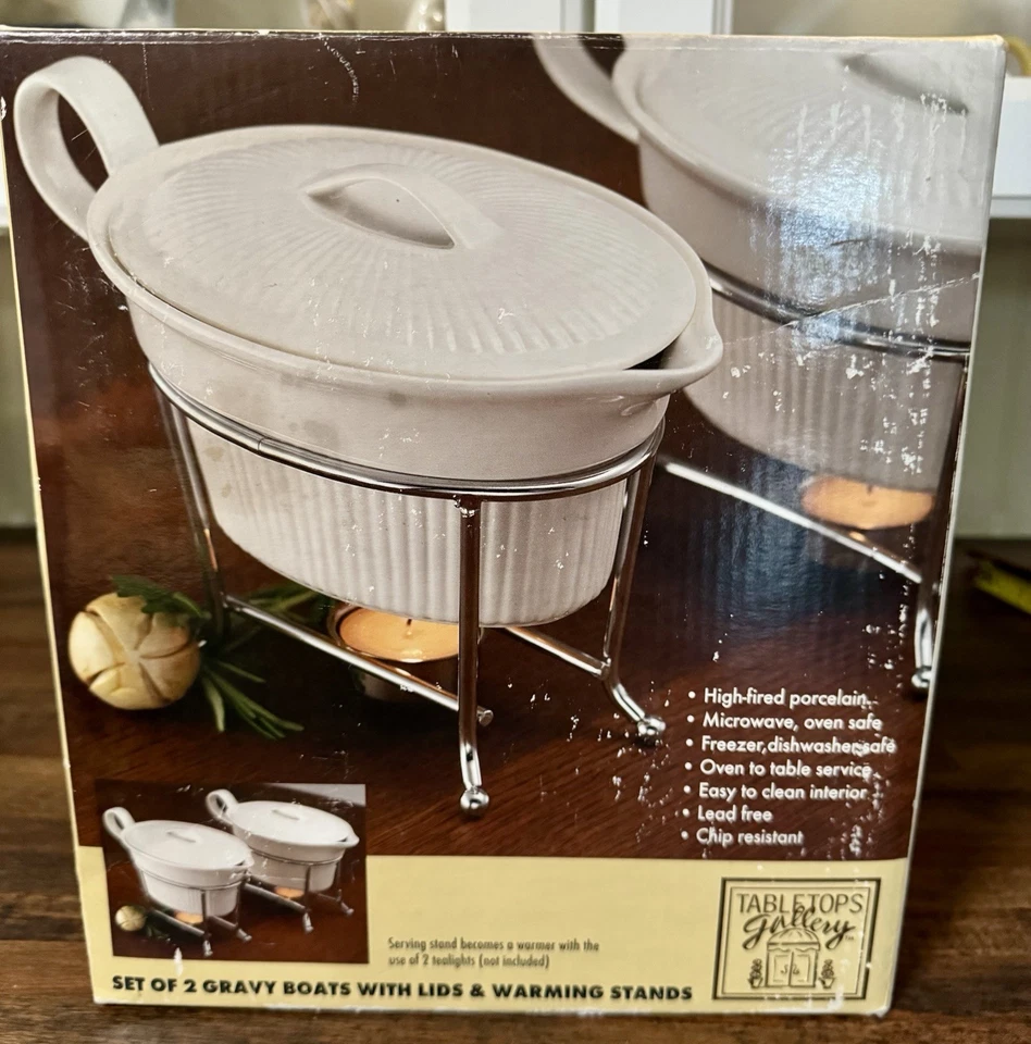 NIB Tabletops Gallery Porcelain Gravy Boat With Stand Set Of 2 - Image 3 of 4