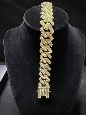 iced out gold cuban vvscz stones bracelet 9 inch 20 mm triple clasp lock