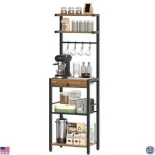 5-Tier Bakers Rack Coffee Bar Station, Rustic Brown & Black Kitchen Storage Rack