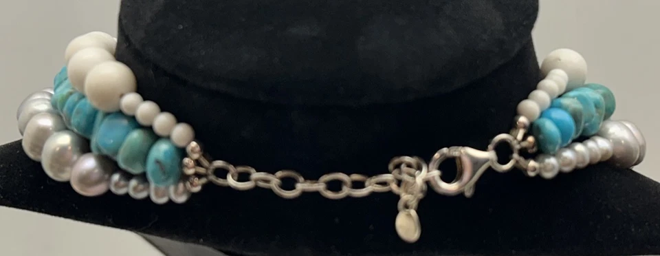 QVC Multi Gemstone Sterling Silver 3 Strand Necklace Cultured Pearls Turquoise - Image 4 of 4