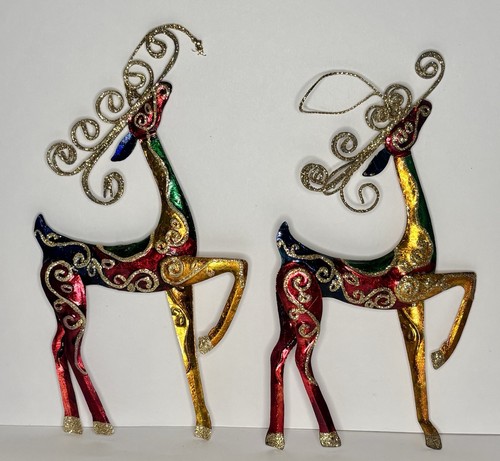 Pier 1 Elegant Prancing Reindeer Red Green Gold Filigree Christmas Ornaments 7”