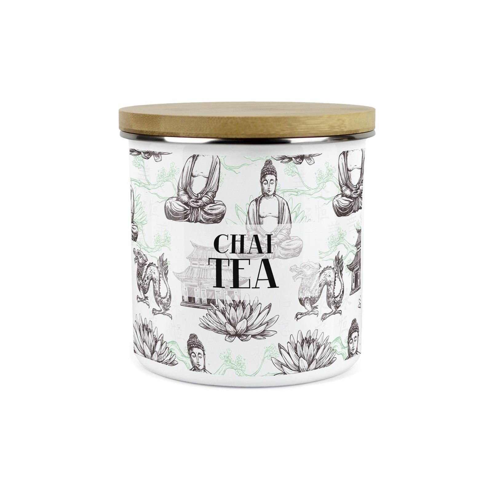 Chai Tea Storage Canister - Oriental Scene Enamel Kitchen Storage Jar