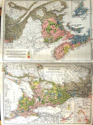 Original Old Antique Print Map Canada 1911 Population Ontario Quebec Maritime