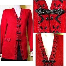 Excellent St John Red Santana Knit Jacket w Black Jeweled Trim sz 12
