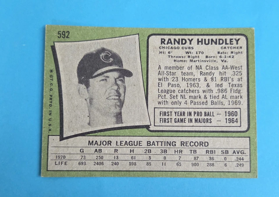 1971 Topps #592 Randy Hundley Chicago Cubs BASEBALL Card 7D - Image 2 of 2