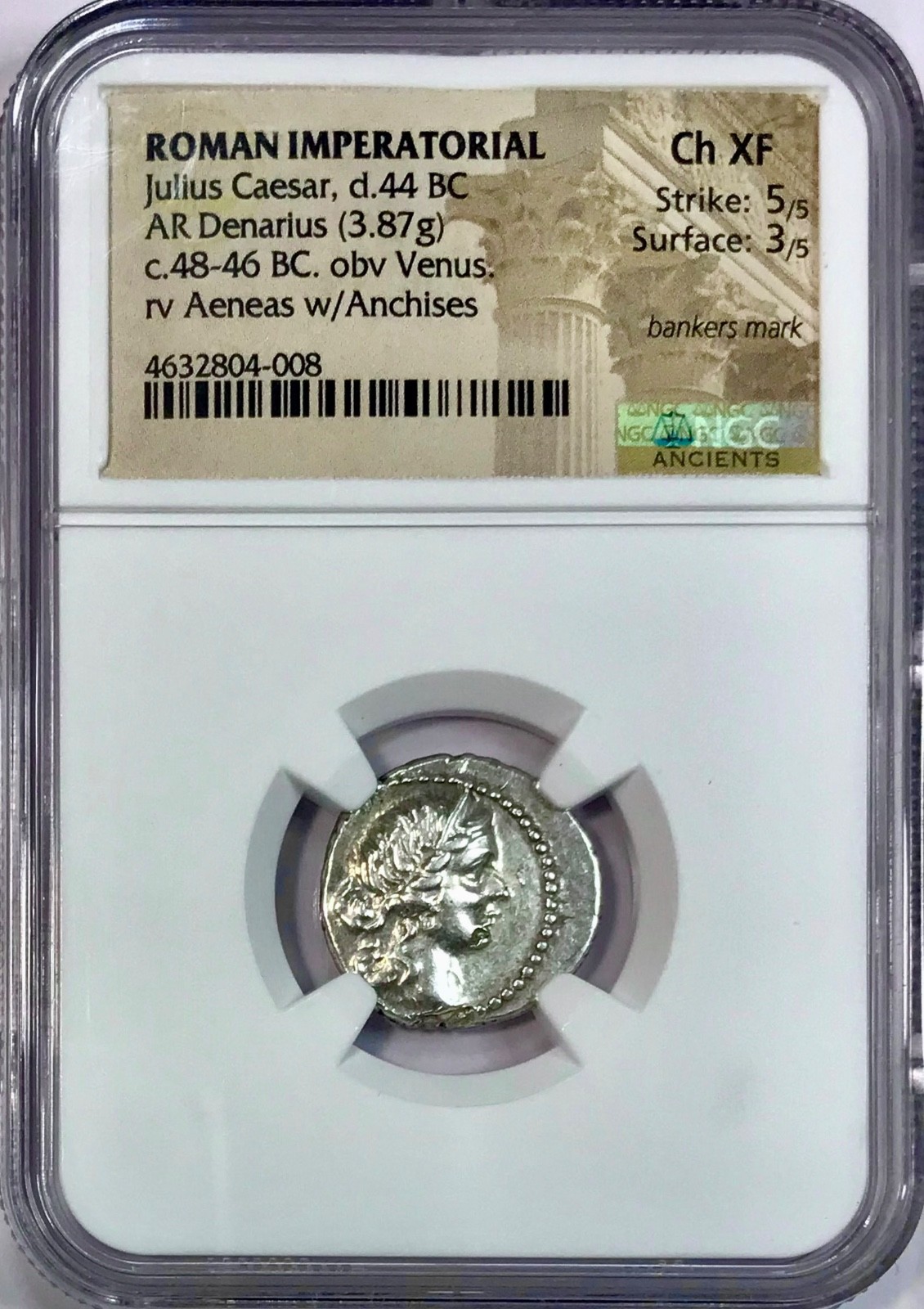 48-46 BC Julius Caesar Ancient Roman Silver Denarius Coin NGC Choice XF 5/5 3/5