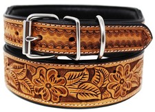 Large 21''- 25'' Padded Leather Dog Collar Heavy Duty Floral Tooled 60FK14