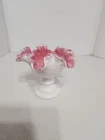 Vintage Fenton Glass Candle Stick Holder Or Compote Peach Crest Pink Interior