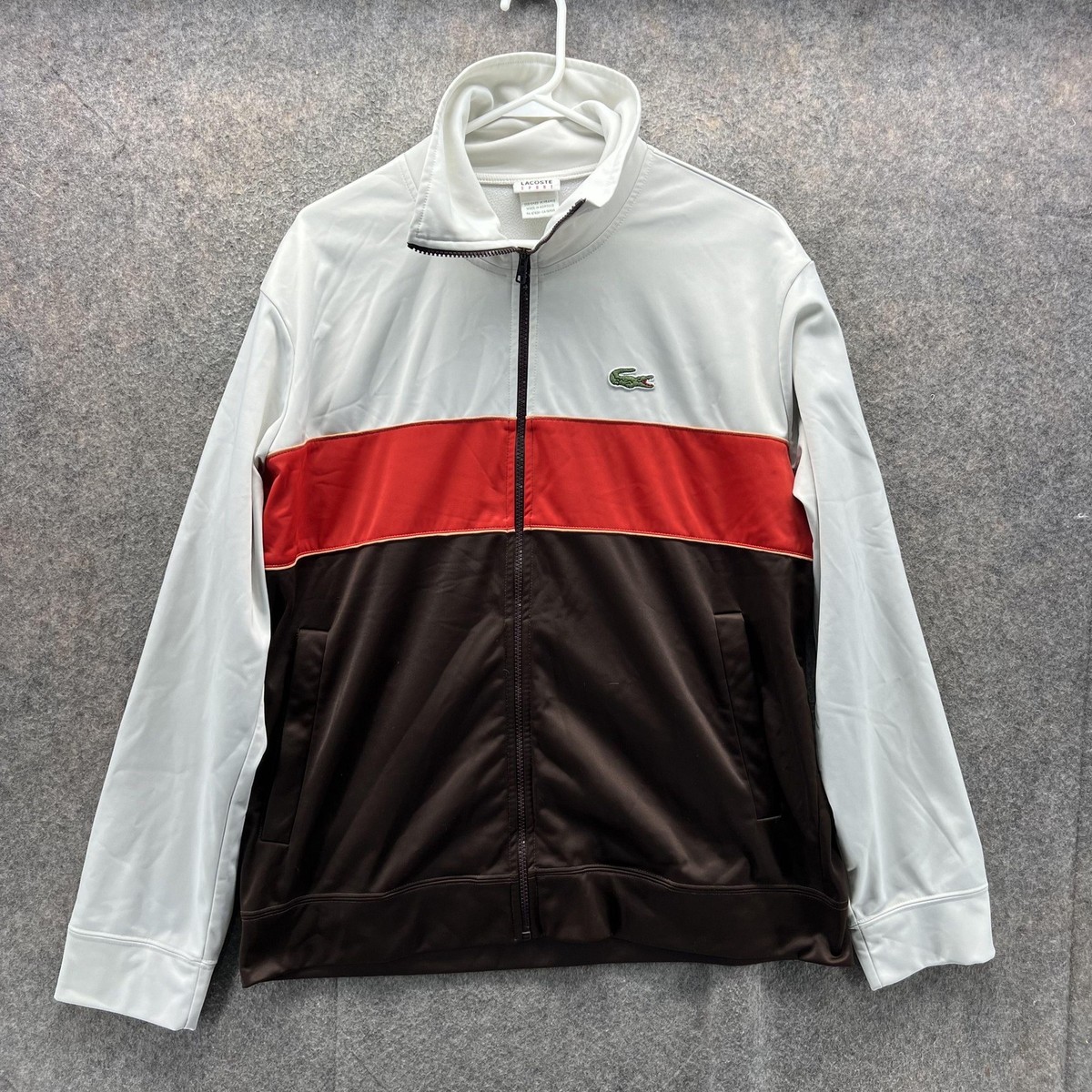 Lacoste Sport Jacket Mens XL White Red Brown Full Zip Track Retro