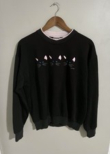 VTG 80s Cat Crewneck Pullover Sweatshirt Black Pink USA Grandmacore Women  s S/M