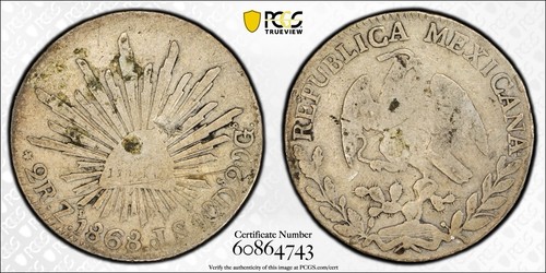 1868 Zs JS Mexico 2 Reales PCGS F Details Damage Zacatecas Silver Coin Cap Rays