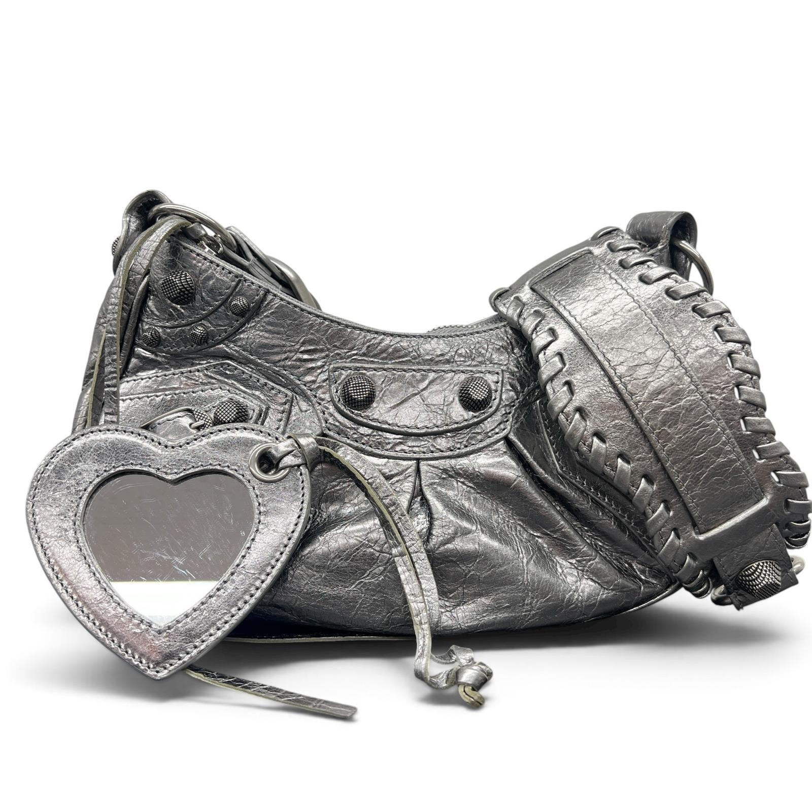 BALENCIAGA 671309 Le Cagole XS Shoulder Bag Silver leather Second Hand AB-rank