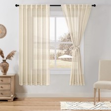 Linen Sheer Curtains, Rod Pocket  Back Tab Linen Texture Semi Sheer Window C...