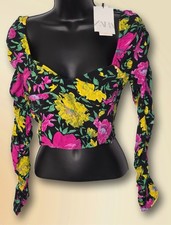 ZARA Floral Sweetheart Neckline Puff Sleeve Crop Top Black Pink Yellow XS NWT