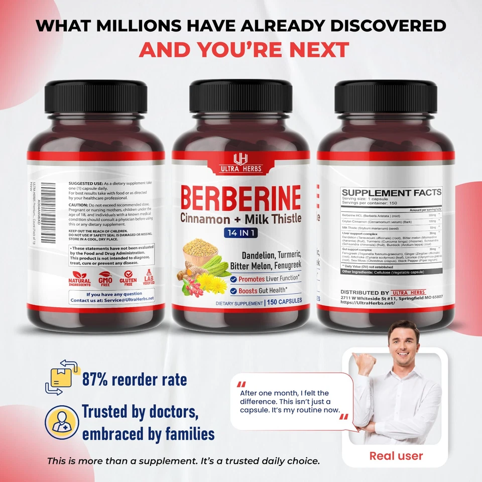 ULTRA HERBS Premium Berberine 12,200MG with Cinnamon, Milk Thistle *USA Made - Imagem 2 de 4
