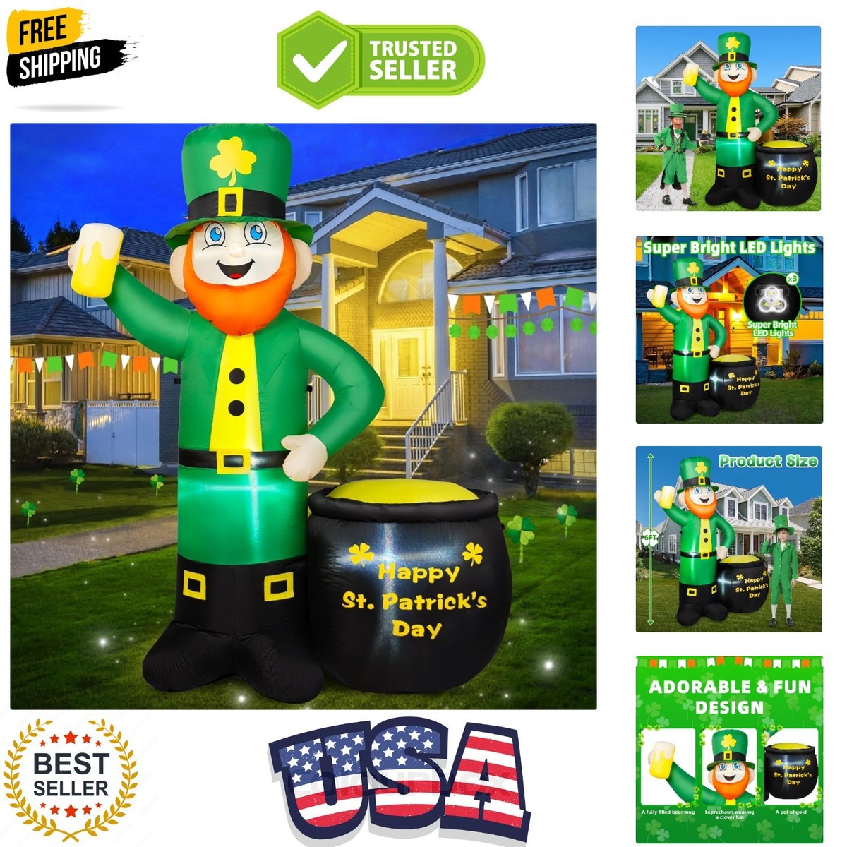 6FT St Patricks Day Inflatables Outdoor Decorations, Leprechaun  display picture 1