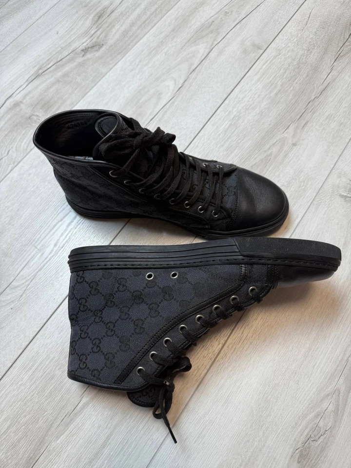 Gucci 426188 Men’s Black GG Monogram Canvas Leather High Tops Size 8 - Image 3 of 4