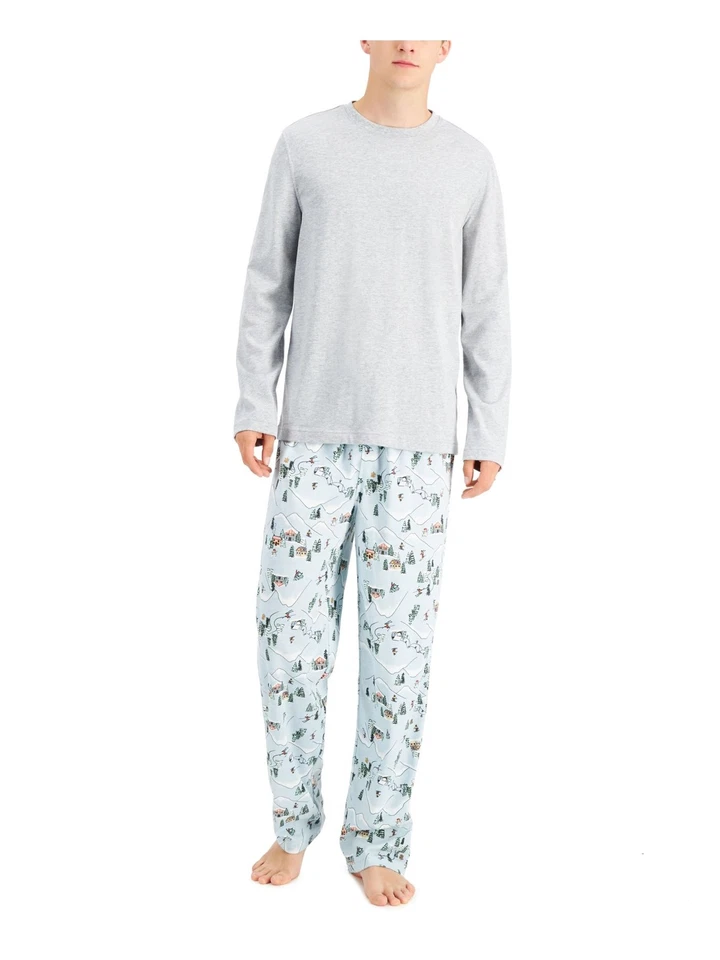 Pijama Familiar Para Hombres Esquí Montaña Azul Manga Larga Top Pantalones Rectos Pijama XL Foto 3 de 3