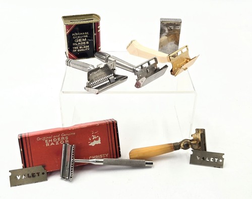 Vtg 1910s-1950s Shaving Lot Gillette Case Gem Disposal Vault 5 Safety Razors