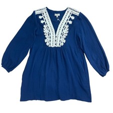 Womens Gauze Tunic Dress Navy Blue Embroidered Small Cotton Boho Coastal Cottage