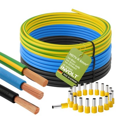 H07V-K Verdrahtungsleitung Set, 6 mm² - 3x Einzeldrähte Schwarz, Blau, Grün-Gelb