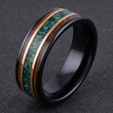 Moss Agate Ring with Charred Whiskey Barrel, Black Tungsten Ring, Mens Wedding