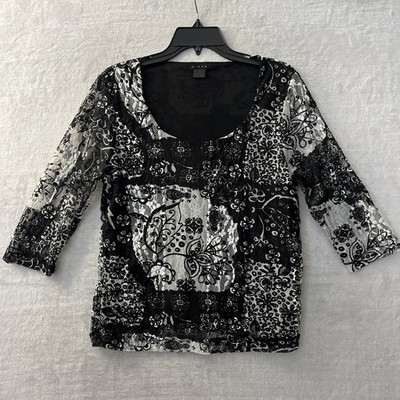 Kiara Womans Blouse Top Black Geometric Large Polyester Blend Long Sleeve