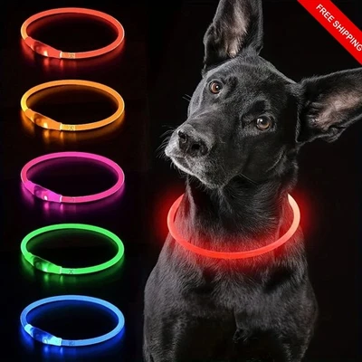 USB Rechargeable LED Dog Pet Collar Flashing Luminous Safety Night Light Up UK