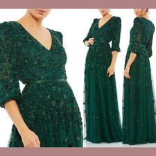 NWT Mac Duggal 14 5497 Embellished V Neck 3/4 Sleeve ALine Gown Emerald J385