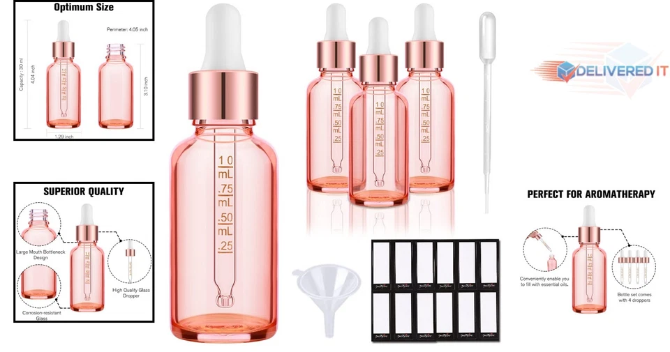 Botellas cuentagotas de vidrio rosa de 1 oz aptas para viajes para artículos esenciales hágalo usted mismo - listas para regalo Foto 2 de 4