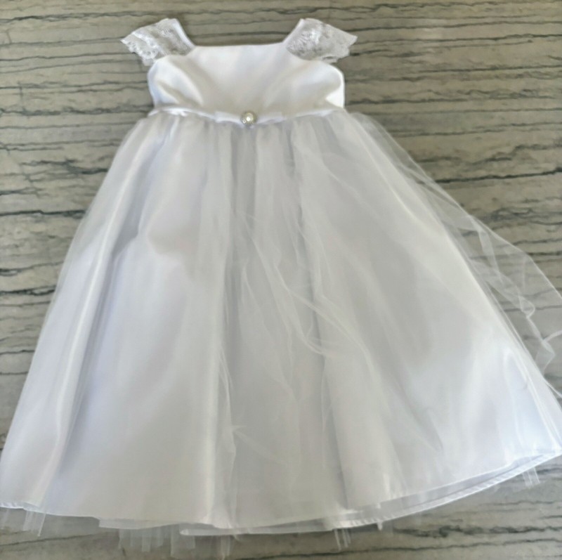 Sweet Kids Petal White Lace Sleeve Satin Dress w/ Pearl Brooch Communion Dress 7
