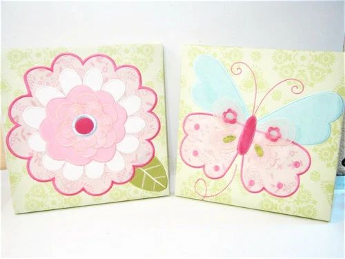Kids Room Nursery Wall Art Butterfly + Flower Embroidered Fabric on Canvas