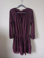 Michael Kors Pleated Dress Size S Merlot White Polka Dot Ruffle Hem Long Sleeve