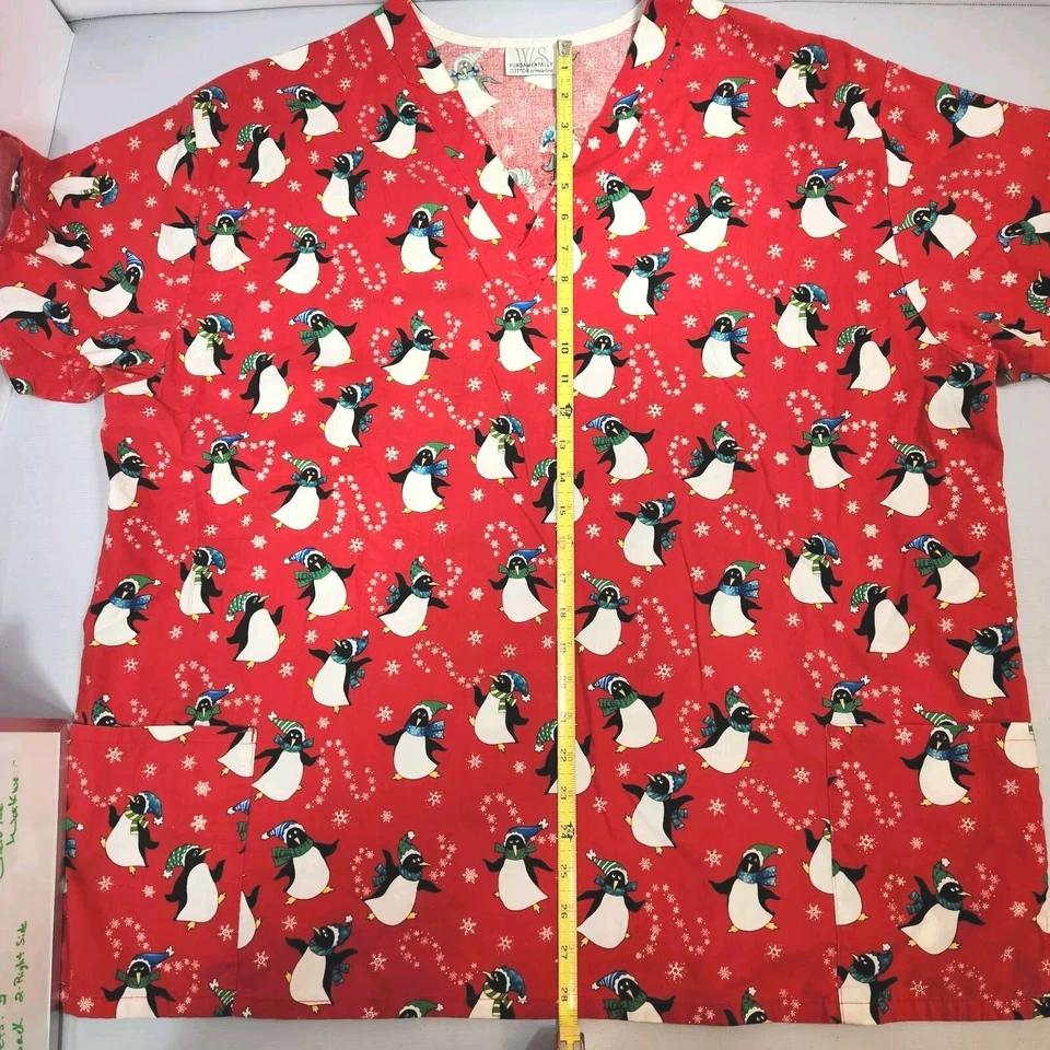 Christmas Penguins Scrubs 2XL Top WS Fundamentally Cotton / L Cherokee Workwear  - Image 2 of 4