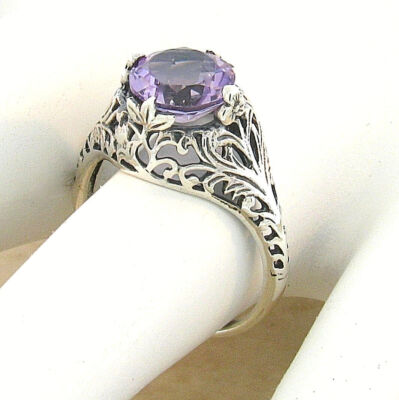 GENUINE 2 CT AMETHYST 925 STERLING SILVER DECO ANTIQUE STYLE FILIGREE RING  787Z