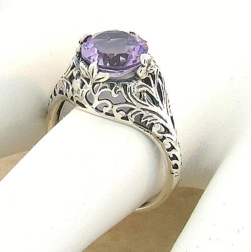 GENUINE 2 CT AMETHYST 925 STERLING SILVER DECO ANTIQUE STYLE FILIGREE RING  787Z