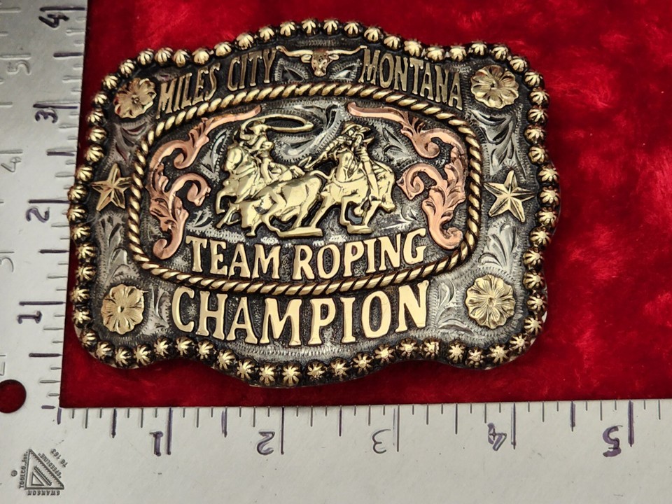 MONTANA PRO RODEO TEAM ROPING CHAMPION TROPHY BUCKLE☆MILES CITY☆RARE ...
