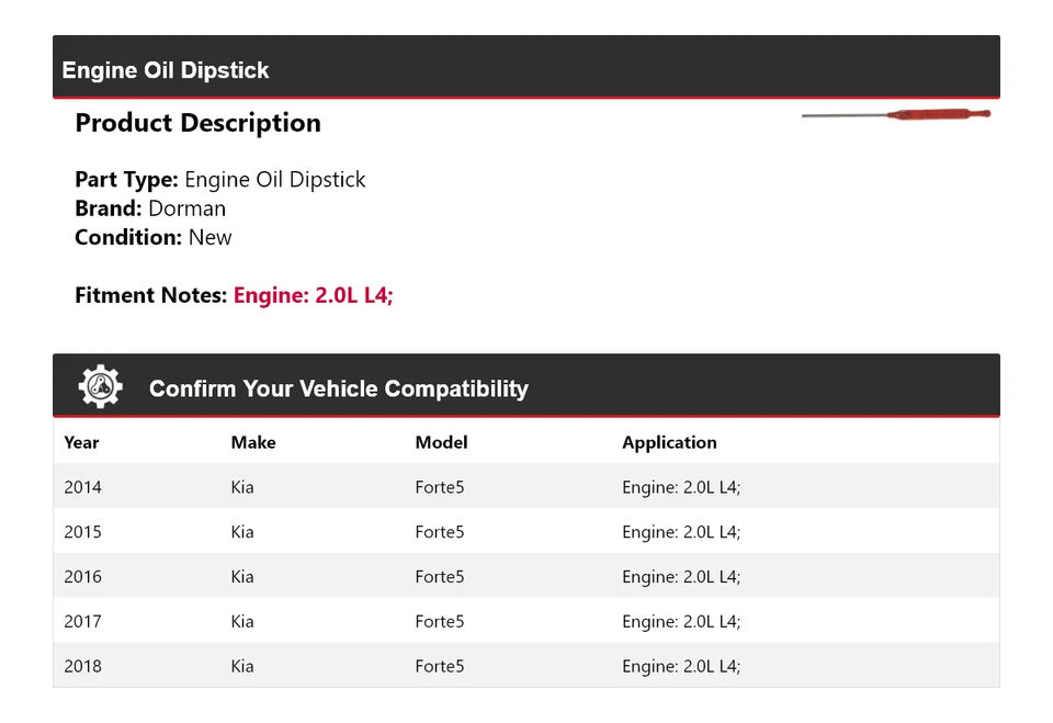 Varilla de medición de aceite de motor Dorman L4 2,0 L para Kia Forte5 2014-2018 2015 2016 2017 Foto 2 de 4